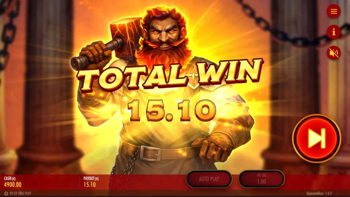 Tampilan visual slot Hammerblaze dengan tema gunung berapi dan pandai besi.