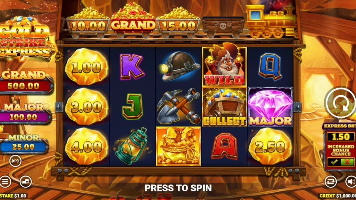 Tampilan visual slot Gold Strike Express dengan tema pertambangan emas dan rel kereta api.