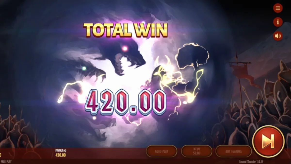Tampilan visual slot Second Thunder dengan latar belakang medan perang bersalju dan grid 6x5 yang ikonik.